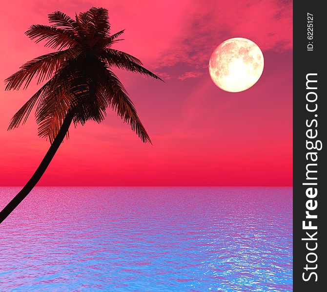 Sunset coconut palm tree on ocean coast - digital artwork.