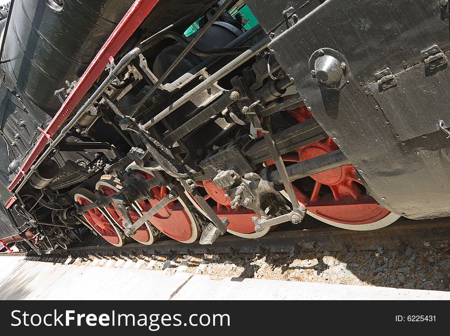 Red wheels of steam locomotive. Red wheels of steam locomotive