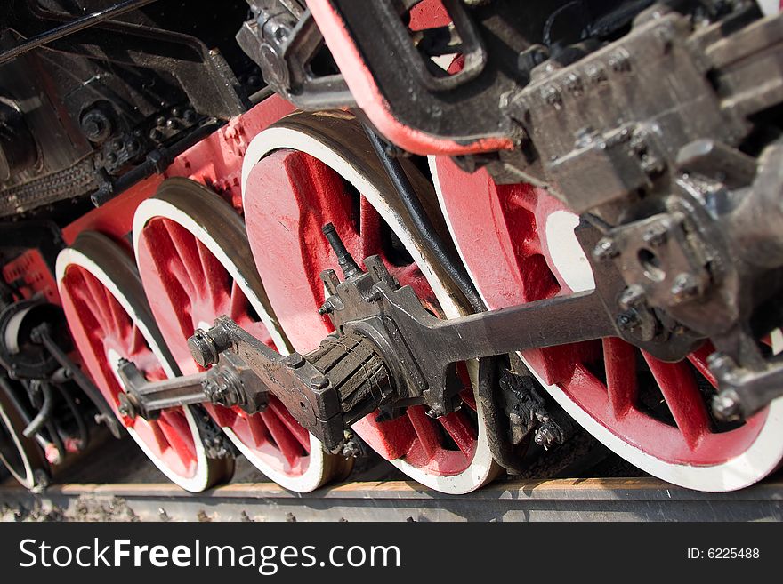 Red wheels of steam locomotive. Red wheels of steam locomotive