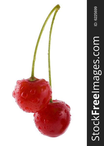 Two cherries against white background