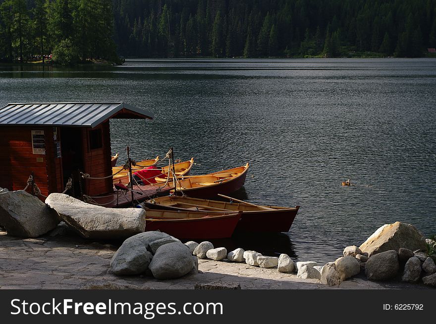 Mountain lake (name Å trbskÃ© pleso) in High Tatras in Summer. Country - Slovakia.