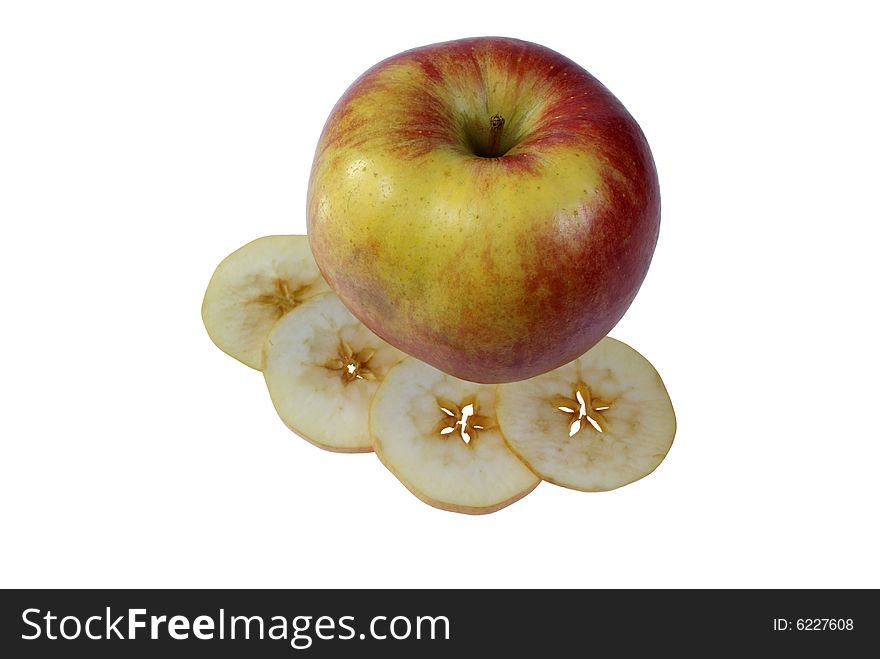 Large apple with peeled slices isolated on white background
