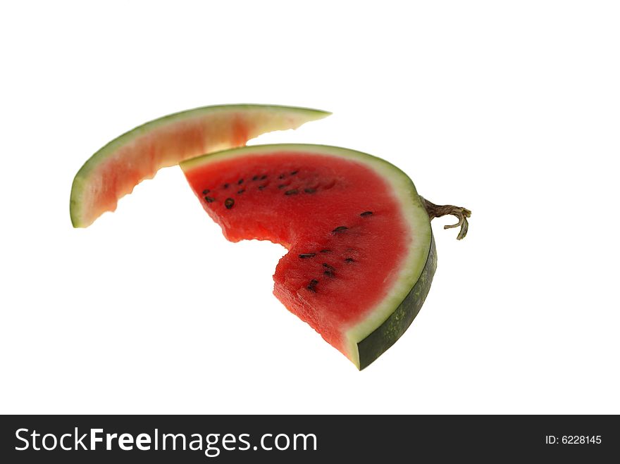 Bitten slice of watermelon isolated on white background