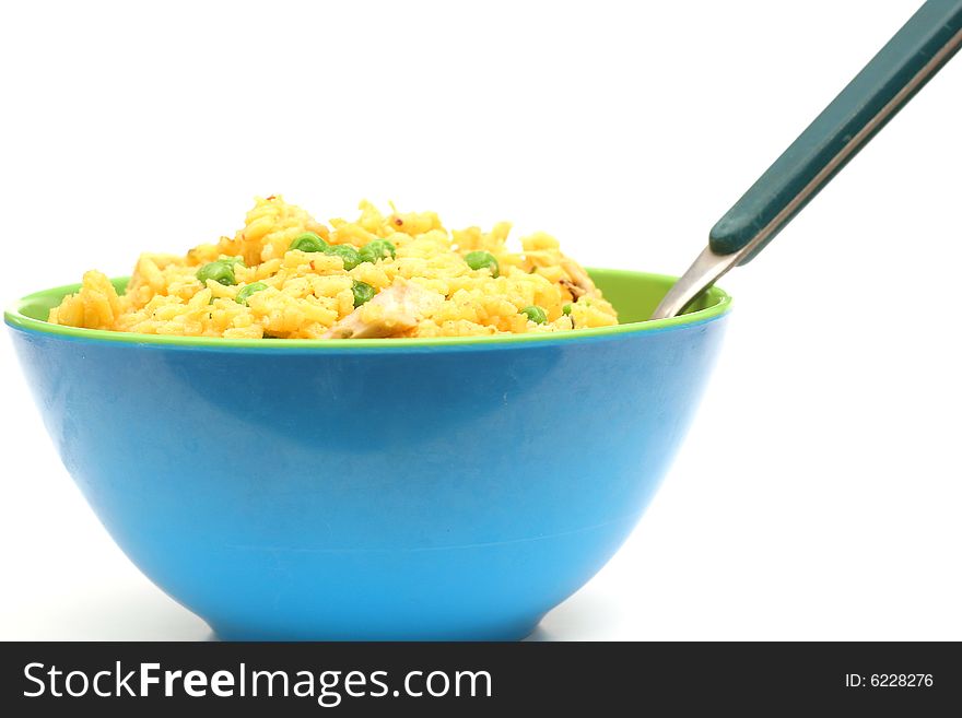 Chicken & Yellow rice bowl upclose isolated on white