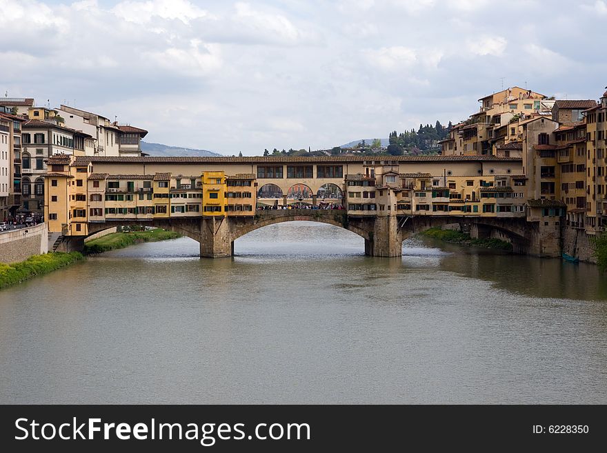 View of the Ponte Vecchio up the Arno River, Florence, Italy