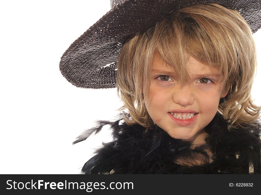 Young child in a wig & hat isolated on white