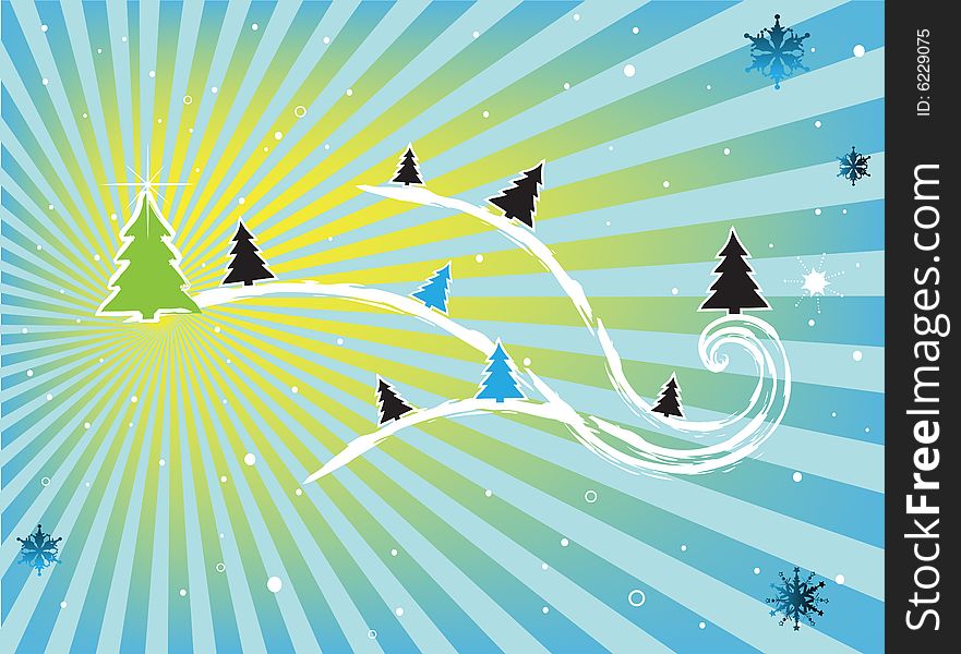 Abstract colored background with snowflakes and colored firs for winter holidays. Abstract colored background with snowflakes and colored firs for winter holidays