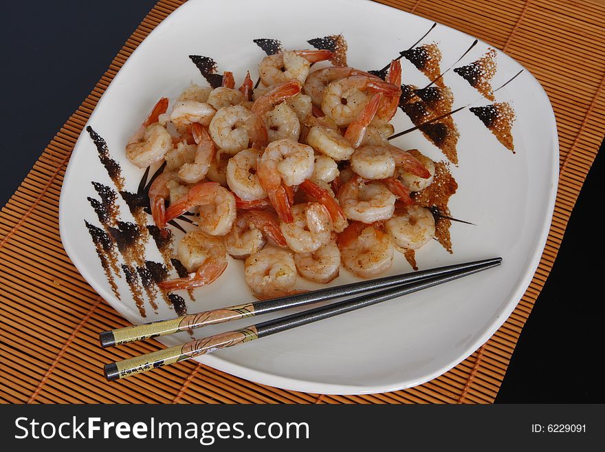 Shrimps on a plate arrangement, boiled, buffet