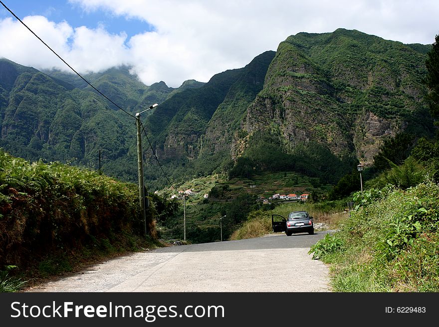 Car and mountain and blue sky