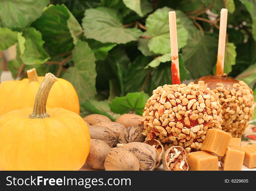 Shot of Candy apples with pumpkins