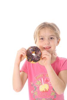 Child Holding A Chocolate Donut Vertical Royalty Free Stock Photos