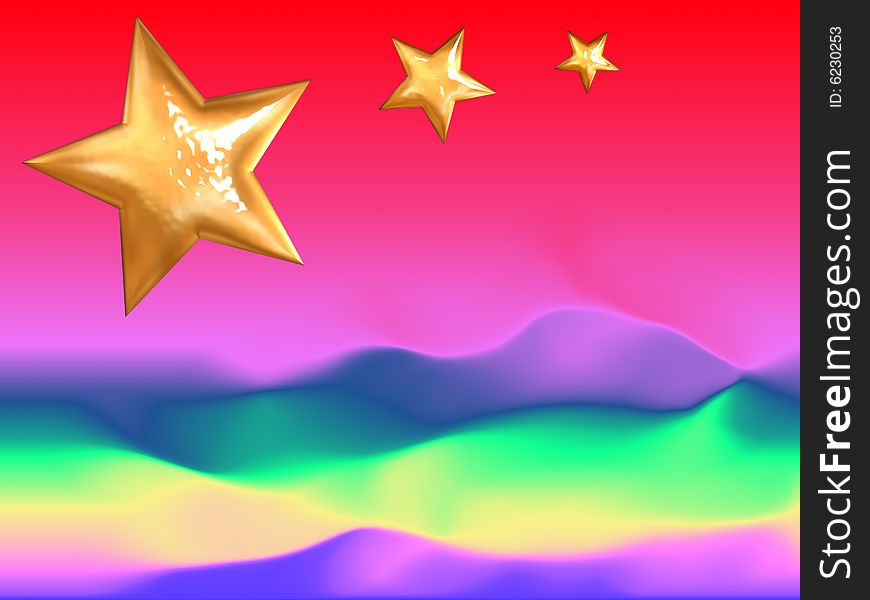 Psychedelic template or background with solid golden chrome stars. Psychedelic template or background with solid golden chrome stars.