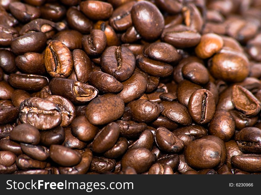 A group of coffee beans spread tightly on a surface