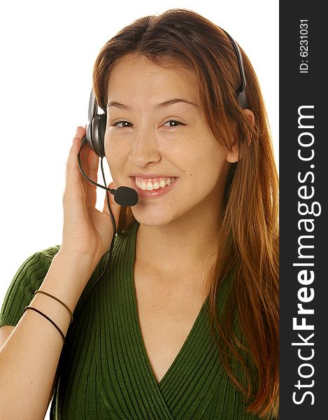 Beautiful young female switchboard operator with headset. Beautiful young female switchboard operator with headset