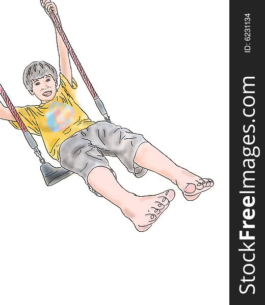 Boy in swing illustration. On white background.