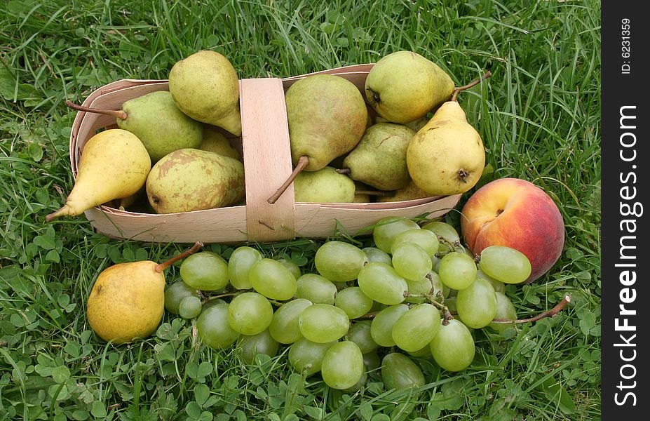 Yellow and light basket with grapes and a peach with apples on a green grass. Yellow and light basket with grapes and a peach with apples on a green grass