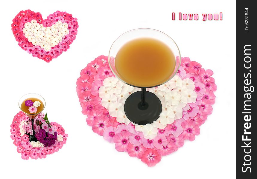 Transparent wineglass with peach juice and heart a phlox on a white background,i love you!