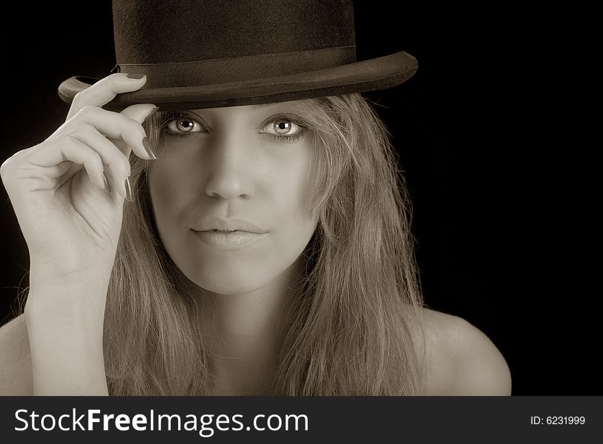 Beautiful Blond woman with Bowler hat on Black. Beautiful Blond woman with Bowler hat on Black