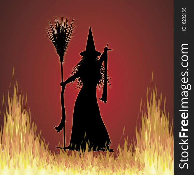 Illustration of Halloween witch on fire background. Illustration of Halloween witch on fire background
