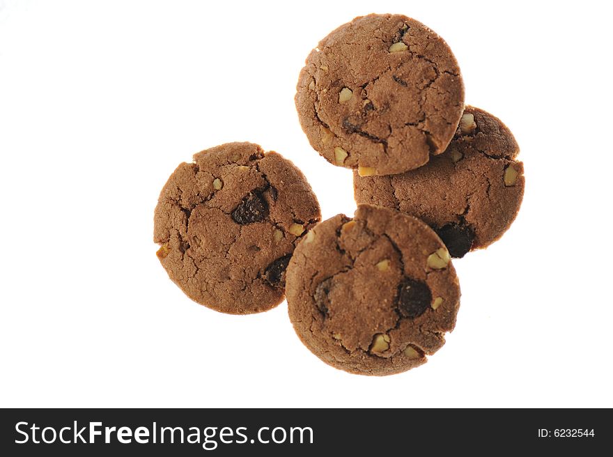 Delicious chocolate chip cookies isolated on a white background