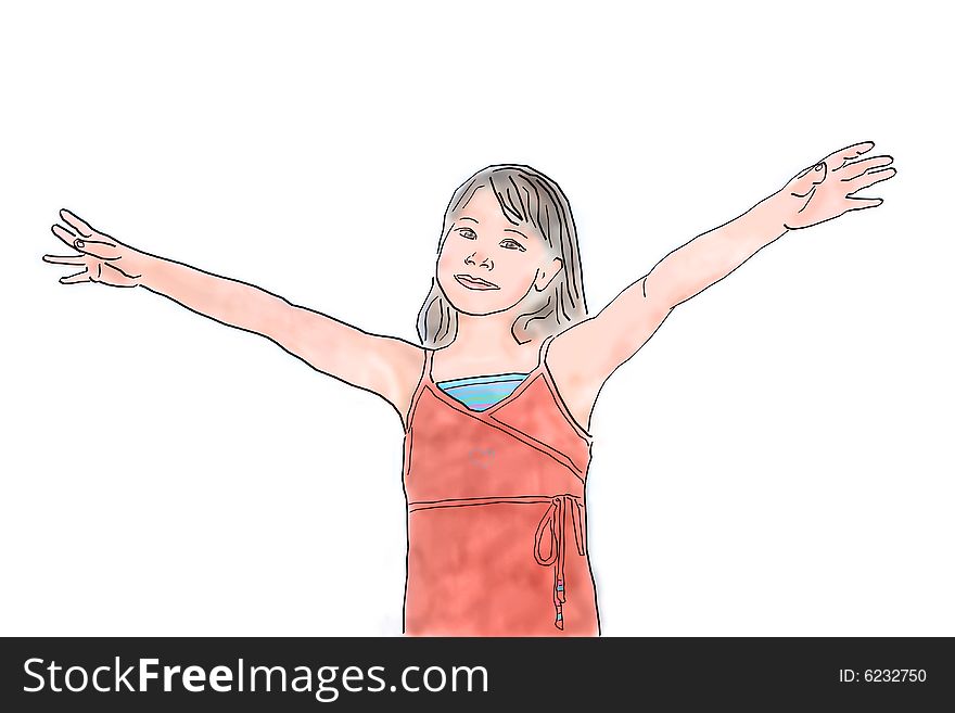 Girl with open arms. On white background. Illustration.