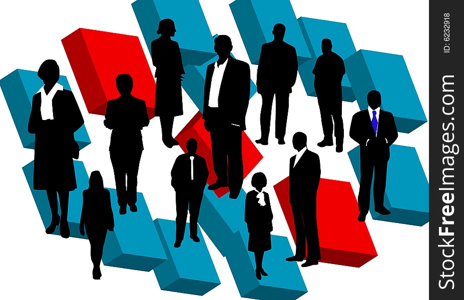 Illustration of business people and cube
