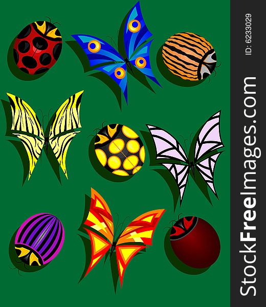 Butterflies and bugs in the summer in a vector on a green background