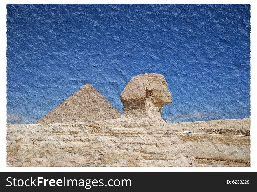 Sphinx and Pyramid of pharaoh Cheops. Giza in Egypt. Photo with a special background. Photo with a white frame.