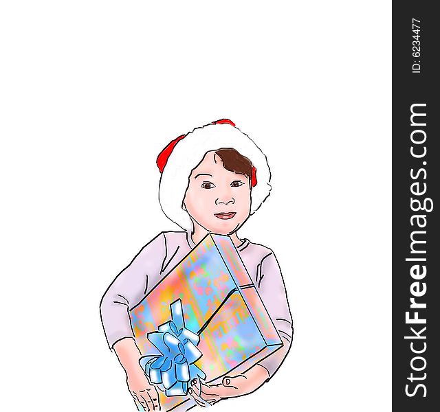 Child with christmas gift box on white background