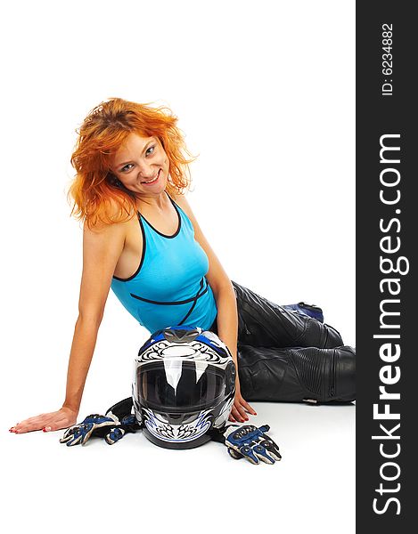 girl with motorcycle equipment. girl with motorcycle equipment