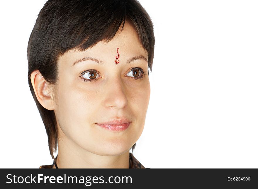 Portait of the female on white with indian bindi