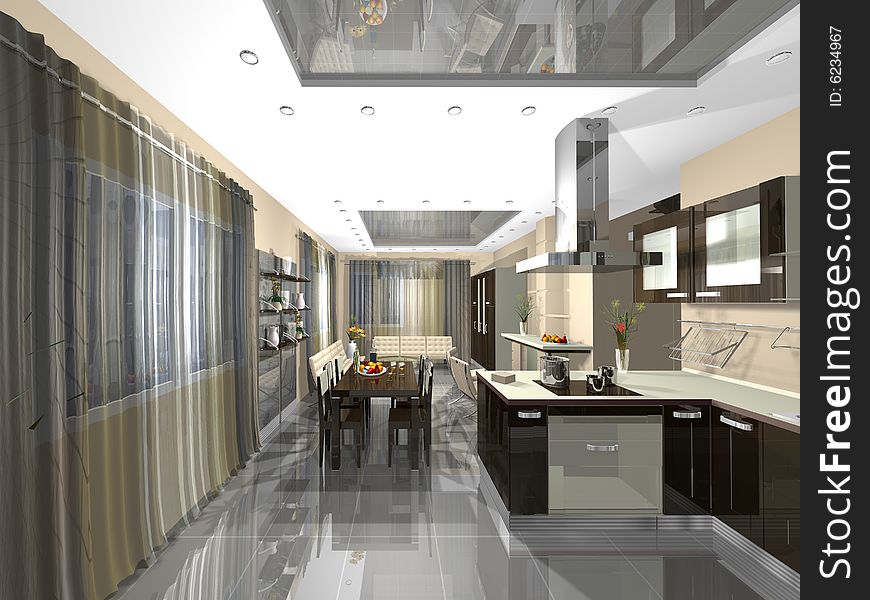 3dmax The project of kitchen and drawing room. 3dmax The project of kitchen and drawing room