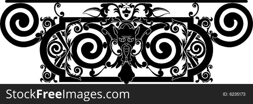Black and white, vector floral and geometric ornament with devil. Black and white, vector floral and geometric ornament with devil