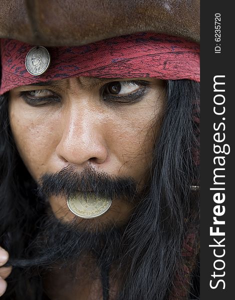 Captain Jack Sparrow, Pirates of the Caribbean, imitated by a man at the chatuchak-market in Bangkok