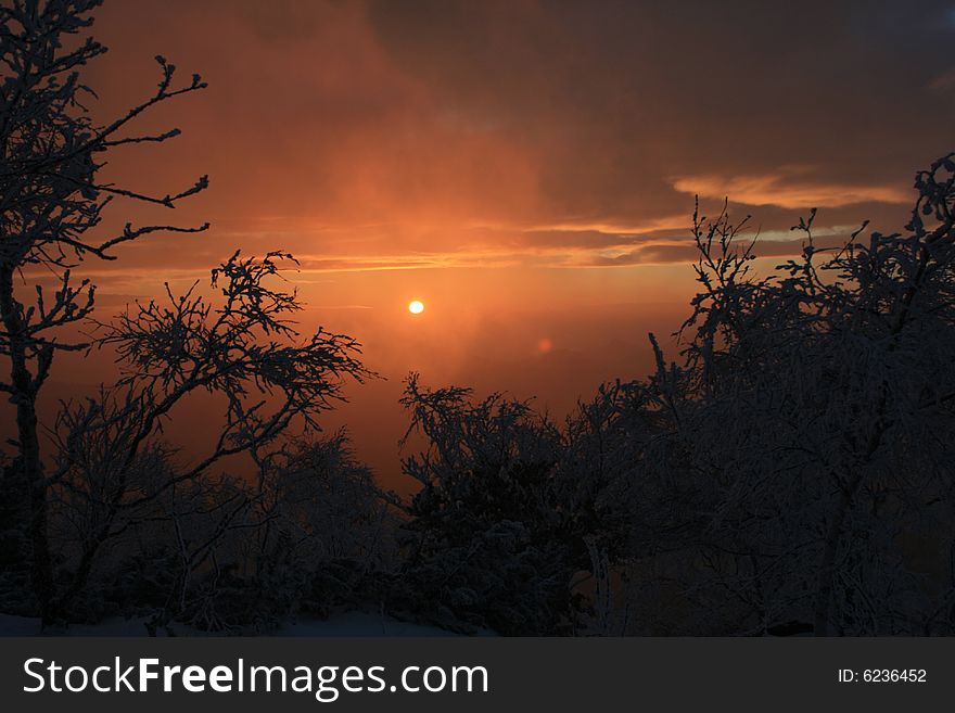 Winter sunset on Jedlova Hill, Czech Republic. Winter sunset on Jedlova Hill, Czech Republic