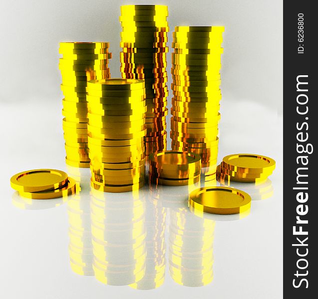 Heap of gold coins with reflection