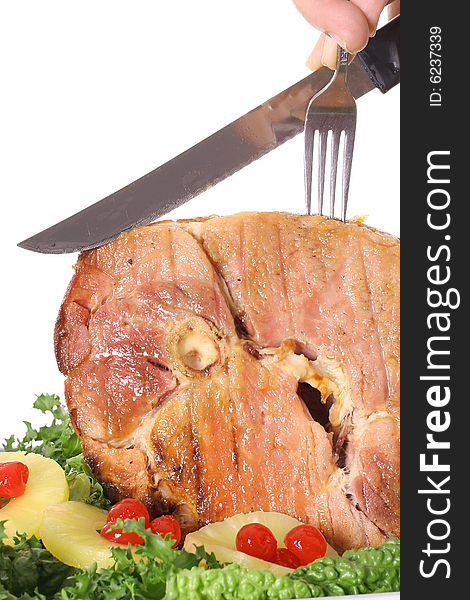 Honey baked ham sliced vertical isolated on white