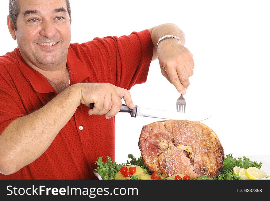 Dad serving a honey baked ham isolated on white