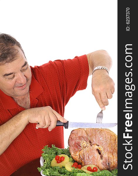 Grandfather slicing a ham vertical isolated on white