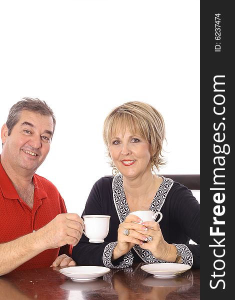 Couple having coffee isolated on white