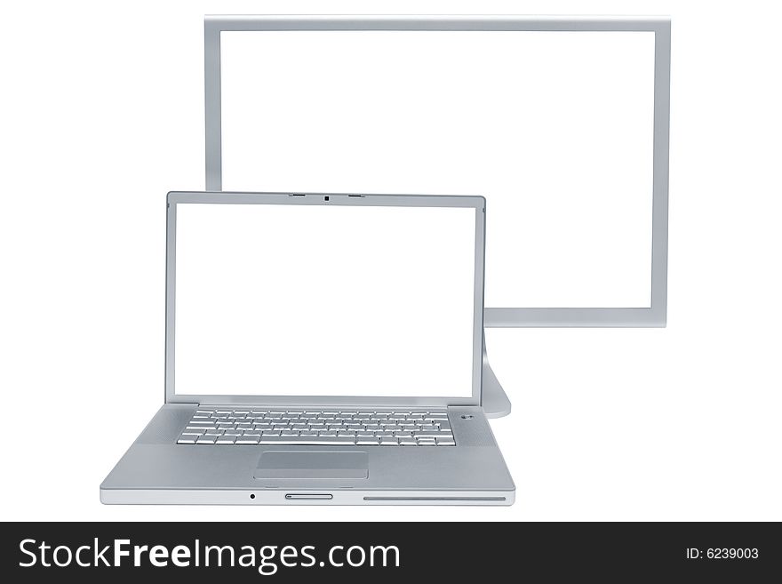 Modern laptop and the display on a white background