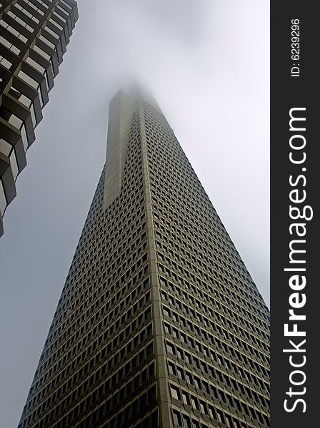 This is a picture of the Transamerica Pyramid in San Francisco rising into the clouds. This is a picture of the Transamerica Pyramid in San Francisco rising into the clouds.