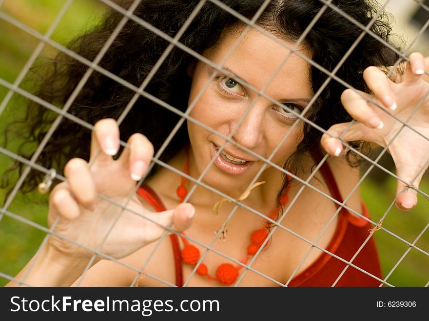 Beautiful woman behind a lattice