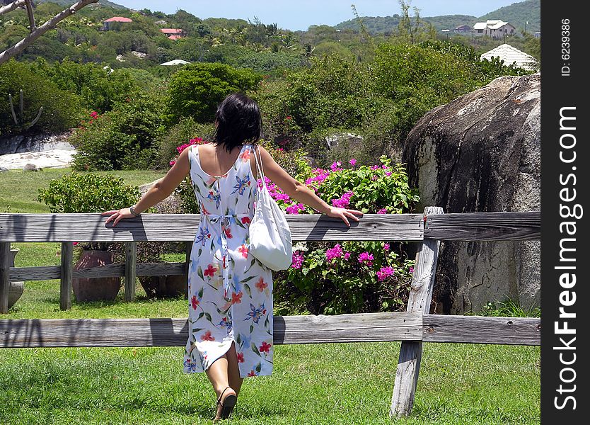 The girl standing at the fence and enjoys the view of Virgin Gorda island countryside (British Virgin Islands).