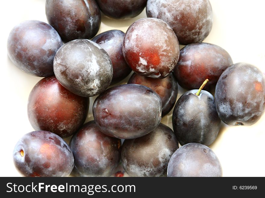 Closeup of purple plums over white