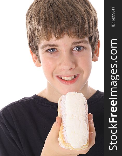 Happy kid with donut isolated on white