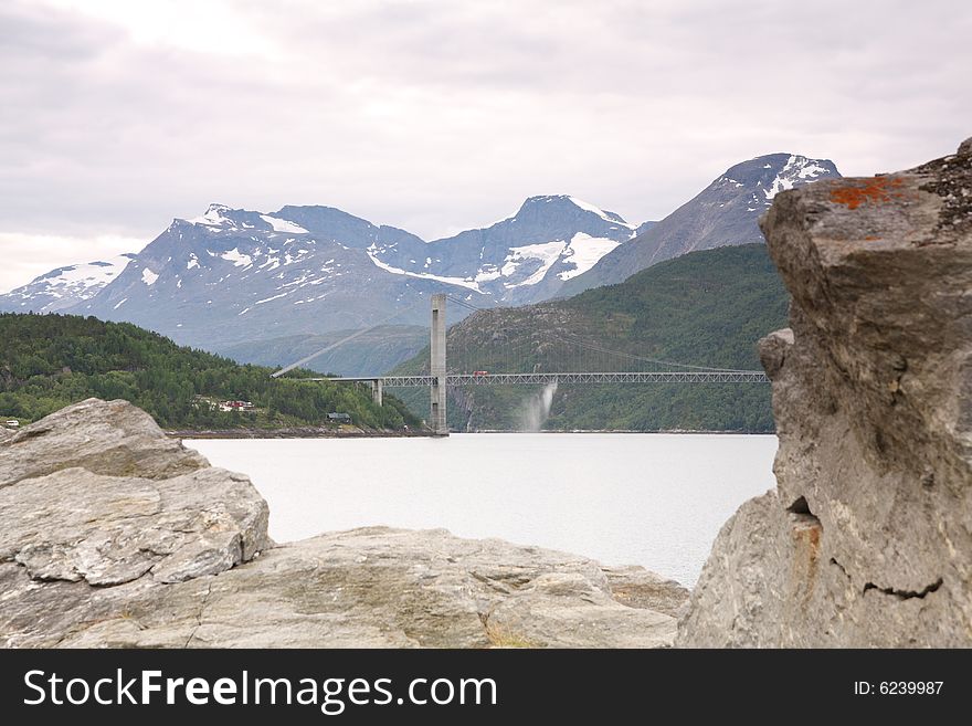 Norway landscape, fjord and mountains in the background