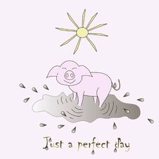 Vector Illustration Of A Just A Perfect Day. Happy Pink Pig Stock Photography