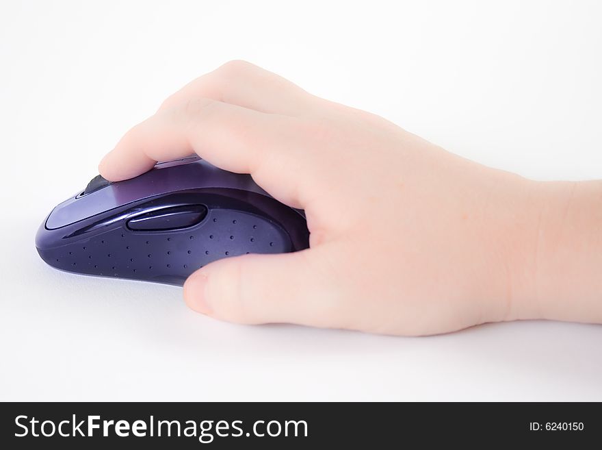 Hand with a computer mouse against a white background. Hand with a computer mouse against a white background