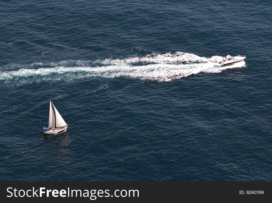 Sailboat and yacht in Mediterranean sea in Spain. Sailboat and yacht in Mediterranean sea in Spain